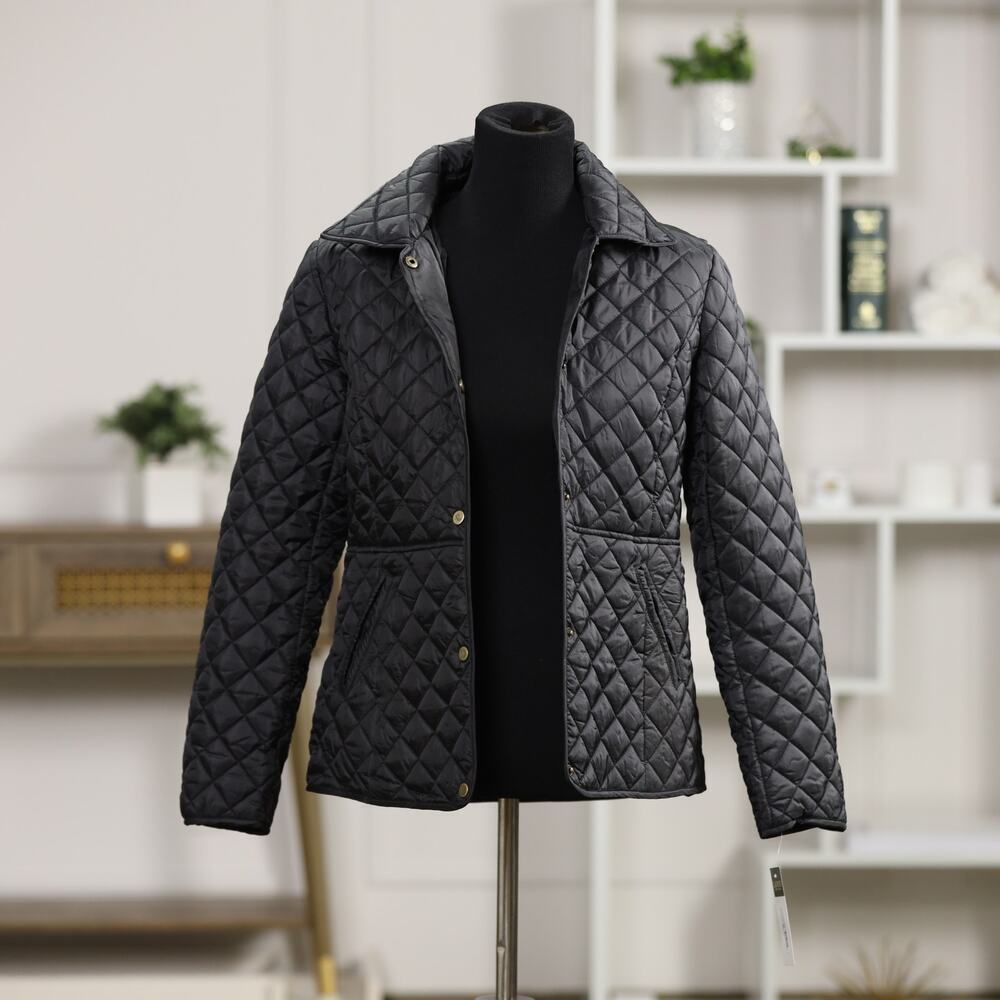 NWT Lauren Ralph Lauren Black Quilted Barn Jacket Gold Snap Equestrian Coat - Picture 2 of 12